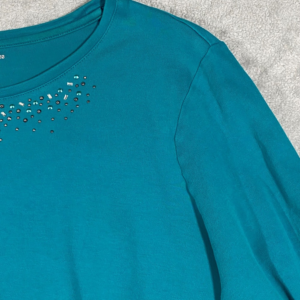 Studio Works Embellished Top Women XL Teal Blue Long Sleeve Rhinestone Cotton - Picture 5 of 14